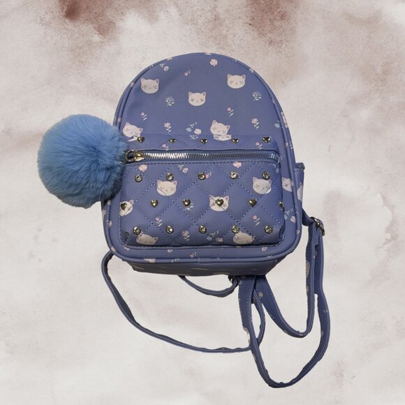 💜 UNDER ONE SKY Lavender Cat Print Mini Backpack with Pom-Pom 🌸 - Picture 4 of 5